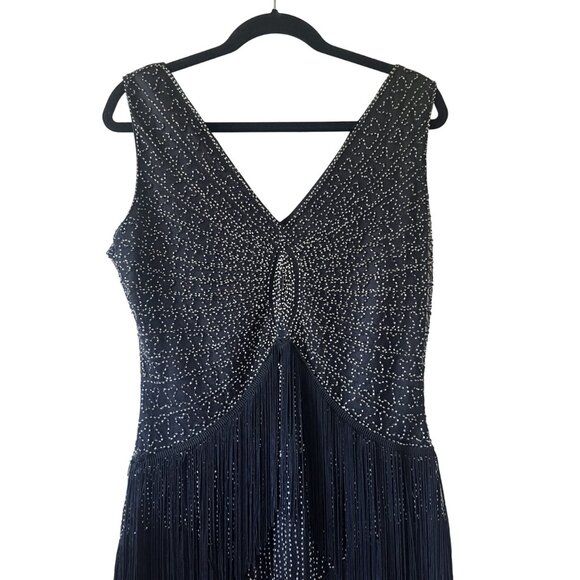 Unique Vintage 1920s Black Beaded Fringe Flapper Dress L - Picture 6 of 10